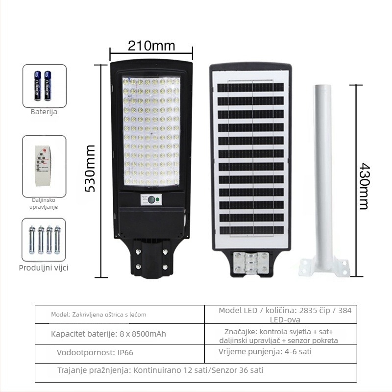 Solarna vanjska svjetiljka za kućnu upotrebu, IP65 vodootporna, All-in-One dizajn, model TYN-Y059, LED izvor svjetla, rasvjetna zona 200 m² ili više