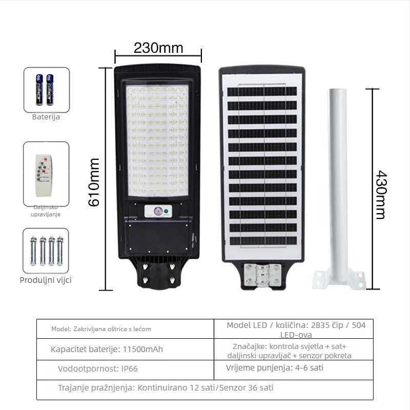 Solarna vanjska svjetiljka za kućnu upotrebu, IP65 vodootporna, All-in-One dizajn, model TYN-Y059, LED izvor svjetla, rasvjetna zona 200 m² ili više