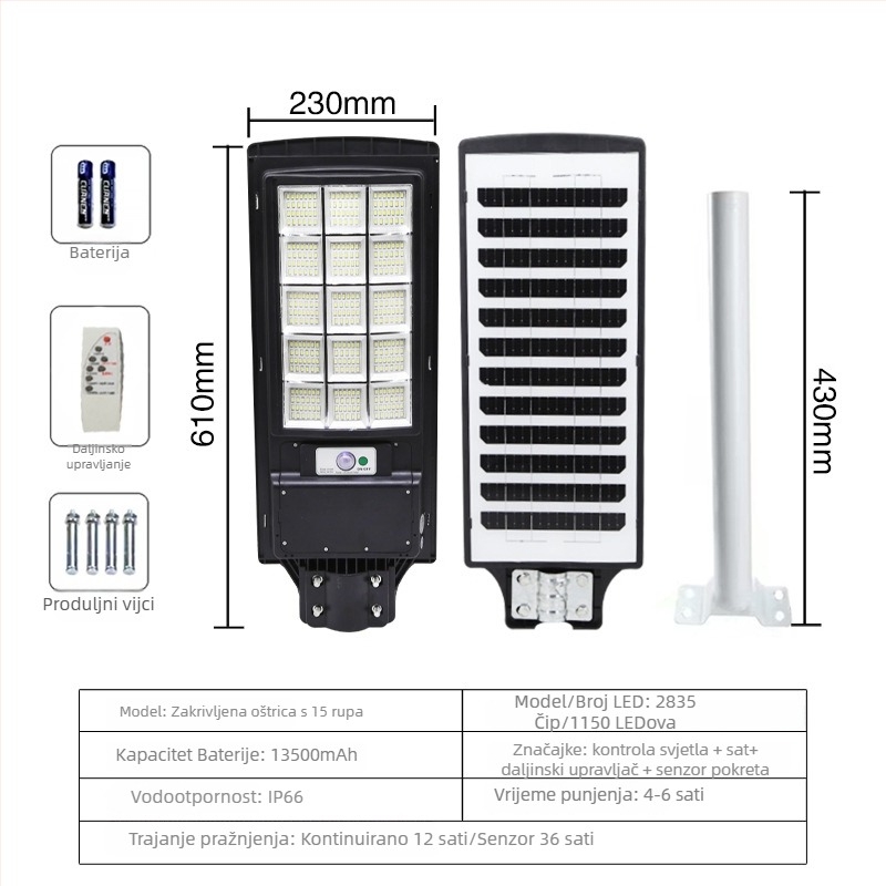 Solarna vanjska svjetiljka za kućnu upotrebu, IP65 vodootporna, All-in-One dizajn, model TYN-Y059, LED izvor svjetla, rasvjetna zona 200 m² ili više