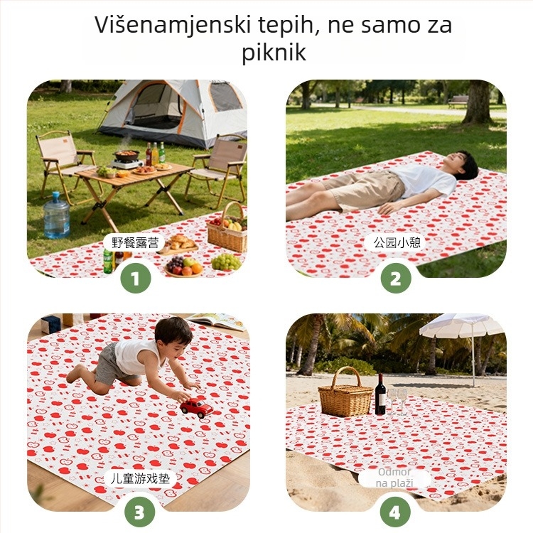 Vanjska kamperska podloga za piknik — protuklizna i vodonepropusna, debela, od nevidljive tkanine + cast filma; pravokutnog oblika; za 2–4 osobe
