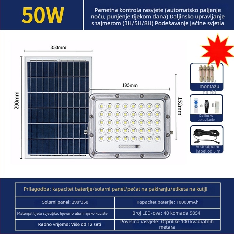 Solarni LED reflektor za vanjsku upotrebu s detekcijom pokreta, IP65, kućište od liti aluminija, LED 100W, Snow Wolf II Gen