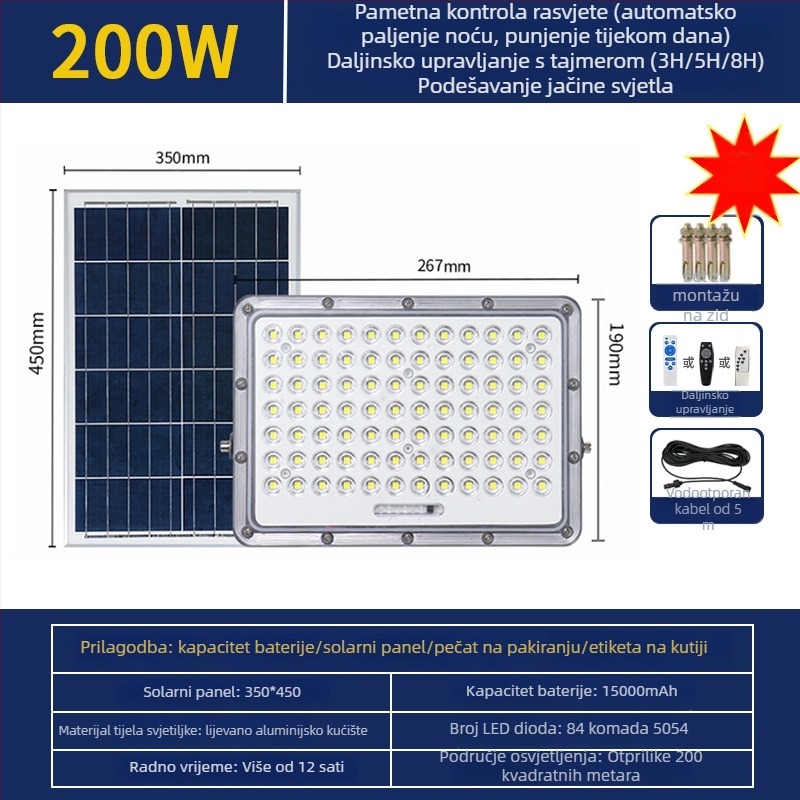 Solarni LED reflektor za vanjsku upotrebu s detekcijom pokreta, IP65, kućište od liti aluminija, LED 100W, Snow Wolf II Gen