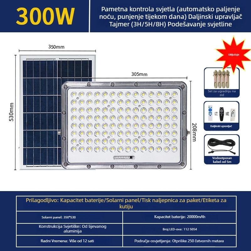 Solarni LED reflektor za vanjsku upotrebu s detekcijom pokreta, IP65, kućište od liti aluminija, LED 100W, Snow Wolf II Gen