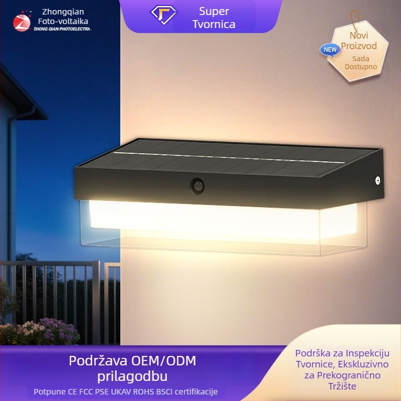 Solarno vanjsko zidno svjetlo s senzorom pokreta, 174 LED, 5000 lm, 3000–6500 K, IP54, kut zračenja 120°, kućište ABS, model Zq-bd