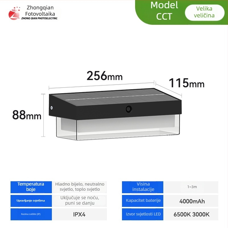 Solarno vanjsko zidno svjetlo s senzorom pokreta, 174 LED, 5000 lm, 3000–6500 K, IP54, kut zračenja 120°, kućište ABS, model Zq-bd