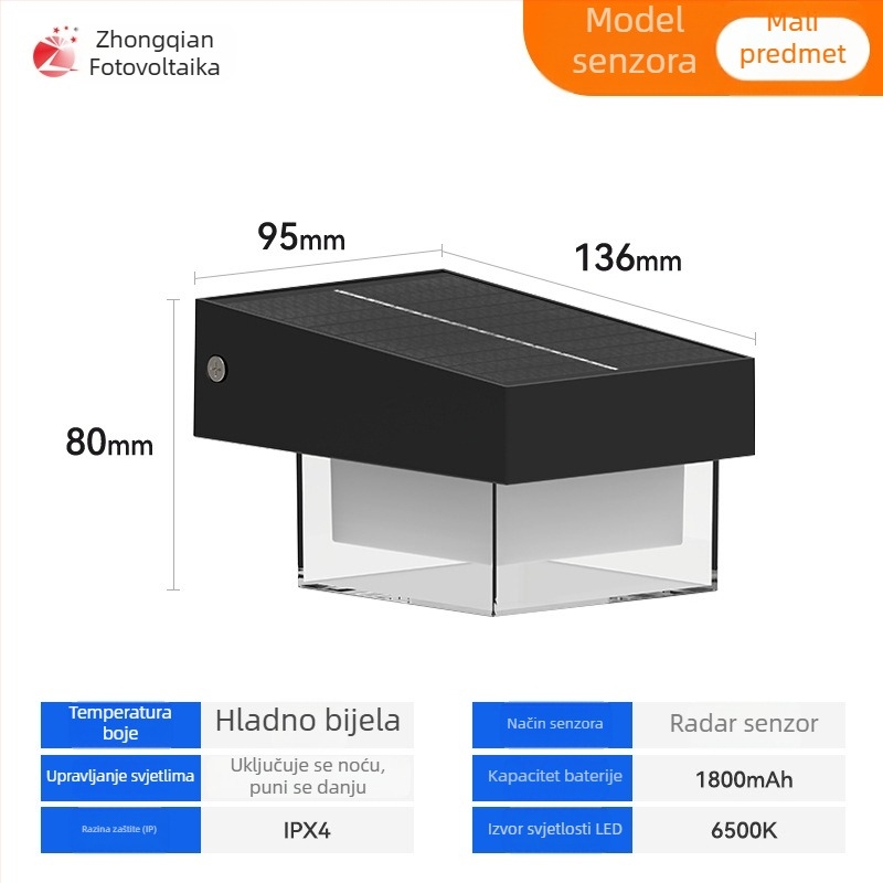 Solarno vanjsko zidno svjetlo s senzorom pokreta, 174 LED, 5000 lm, 3000–6500 K, IP54, kut zračenja 120°, kućište ABS, model Zq-bd