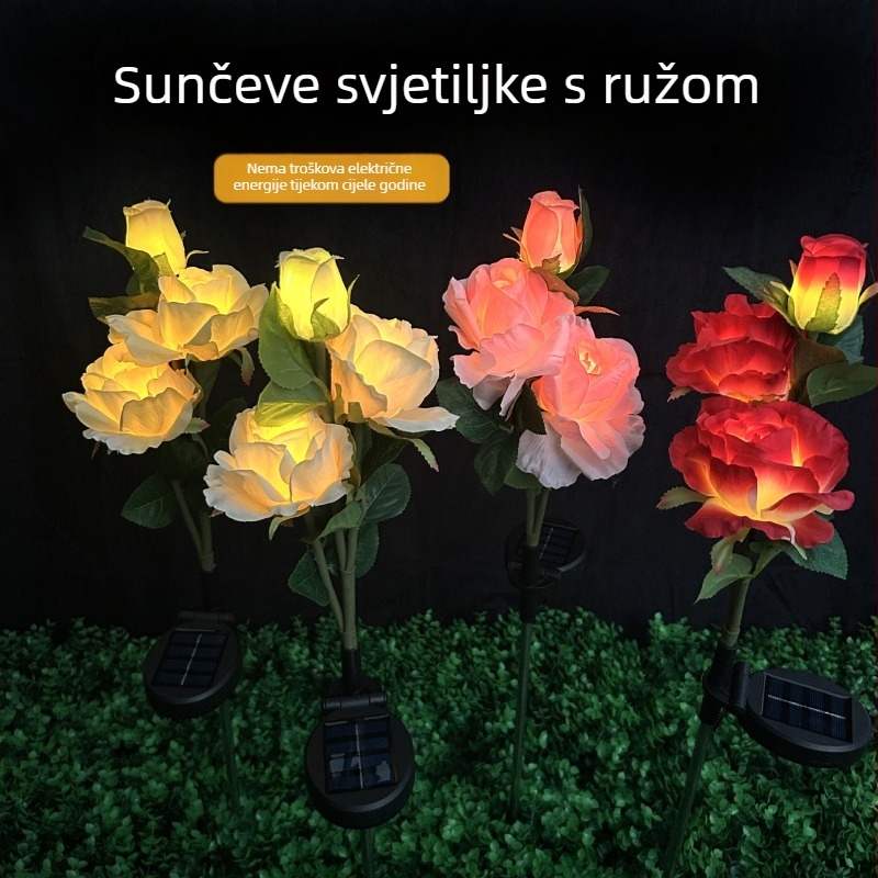 Solarna vrtna svjetiljka u obliku ruže, na stalku – topla svjetlost, IP65, 1W, 6–12 sati