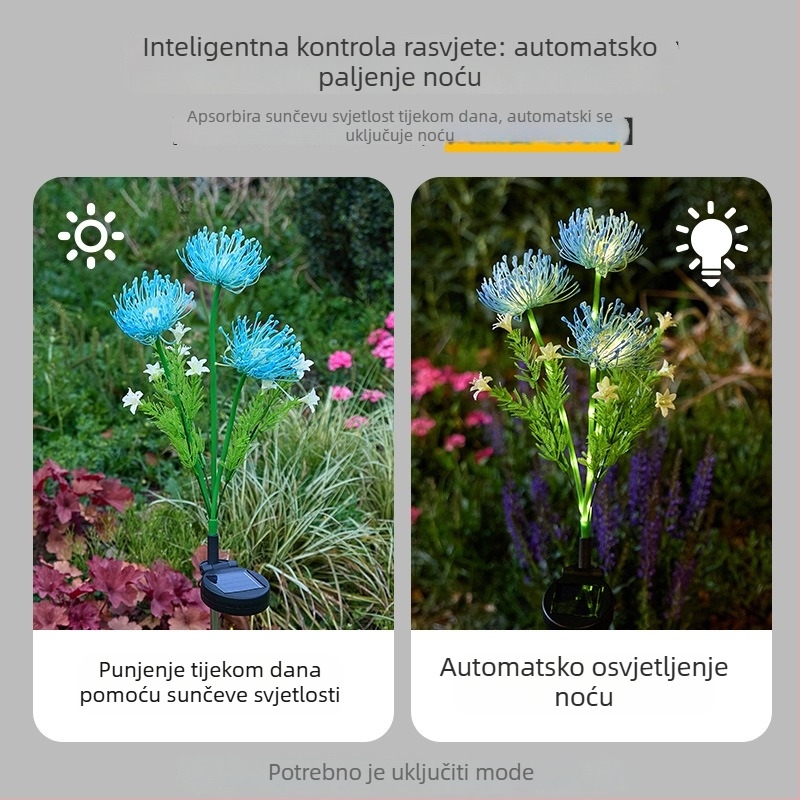 Solarna zemlja lampa u obliku cvijeta, IP65 vodootporna, LED izvor, 3,5V, 0,06W, ručni prekidač