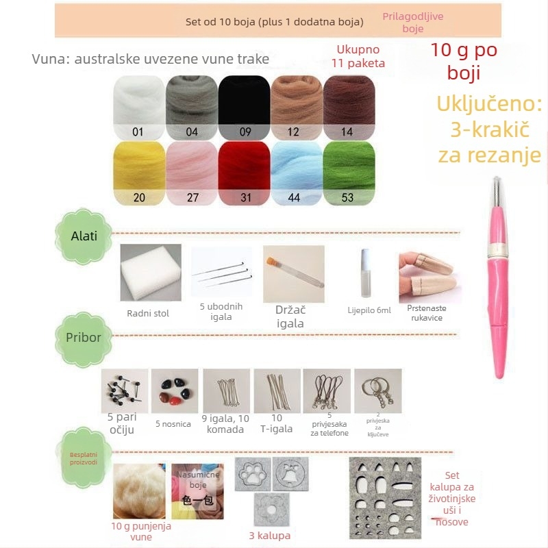 Set alata za ubodavanje od vune filc za početnike - DIY materijalni paket za ručne radove - 70s vunene trake