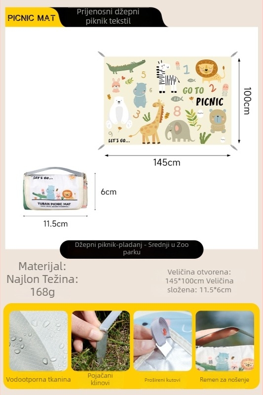Mini piknik podloga od Oxford materijala, 170 g, za 2–6 osoba, vodootporna i otporna na pijesak, sklopiva