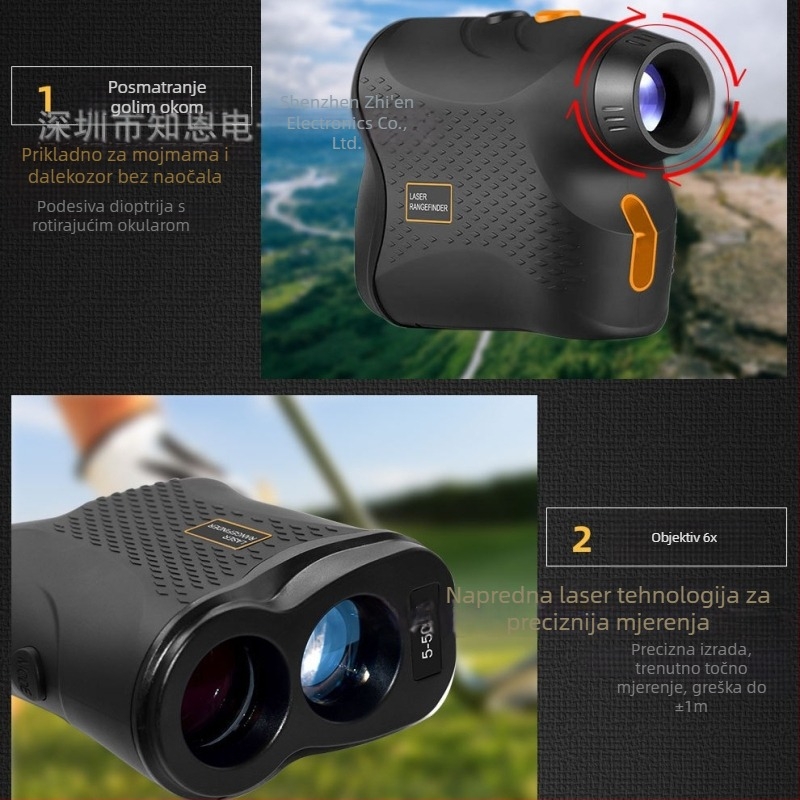 Teleskopski laserski daljinomjer 5–500 m, točnost ±1 m, IP54, ABS kućište, baterije AAA x2
