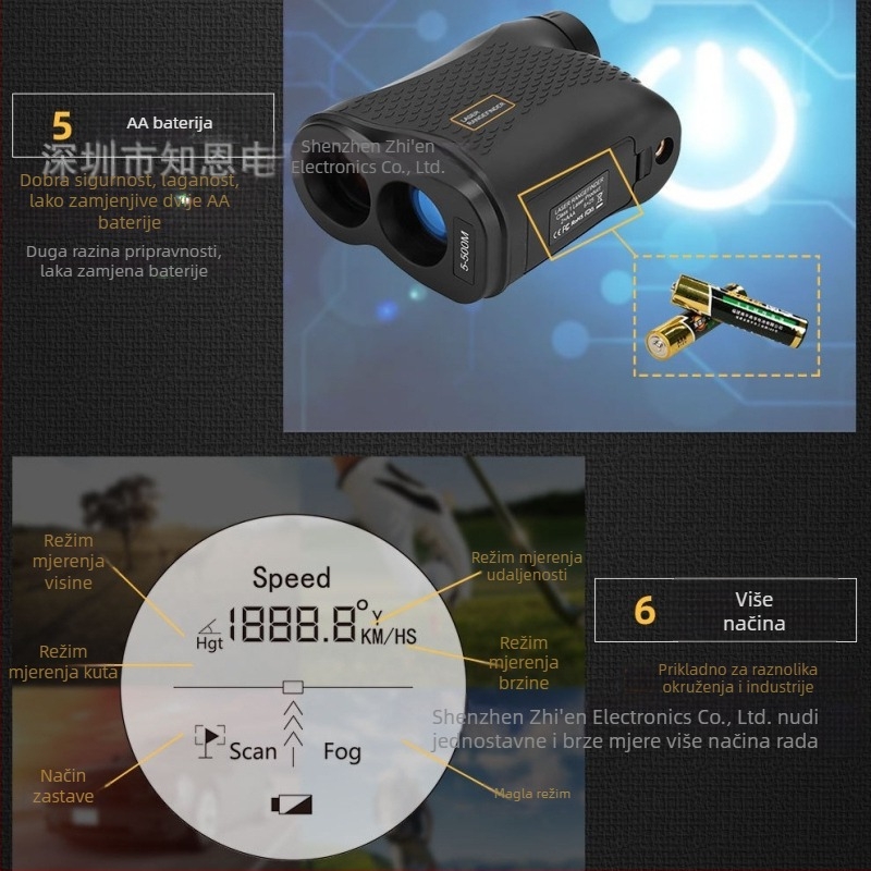Teleskopski laserski daljinomjer 5–500 m, točnost ±1 m, IP54, ABS kućište, baterije AAA x2