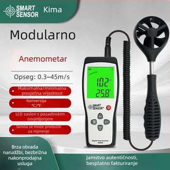 AS836 digitalni anemometar, prijenosni mjerač brzine zraka, raspon 0.3–45 m/s, točnost ±3% ±0.1 dgt, rezolucija 0.1 m/s