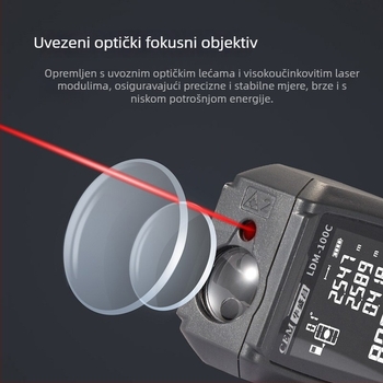 Ručni laserski daljinomjer s glasovnim prikazom, domet 0–120 m, točnost 1,5 mm, mjeri duljinu/površinu/volumen