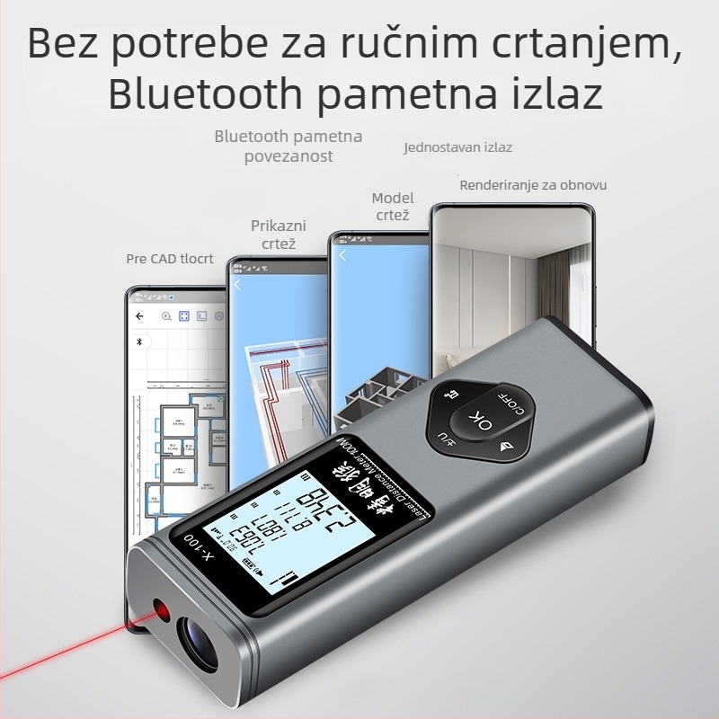 Laserski mjerač udaljenosti 3 u 1 s infracrvenim mjerenjem, križnom linijom i Bluetooth alatom za crtanje prostorija