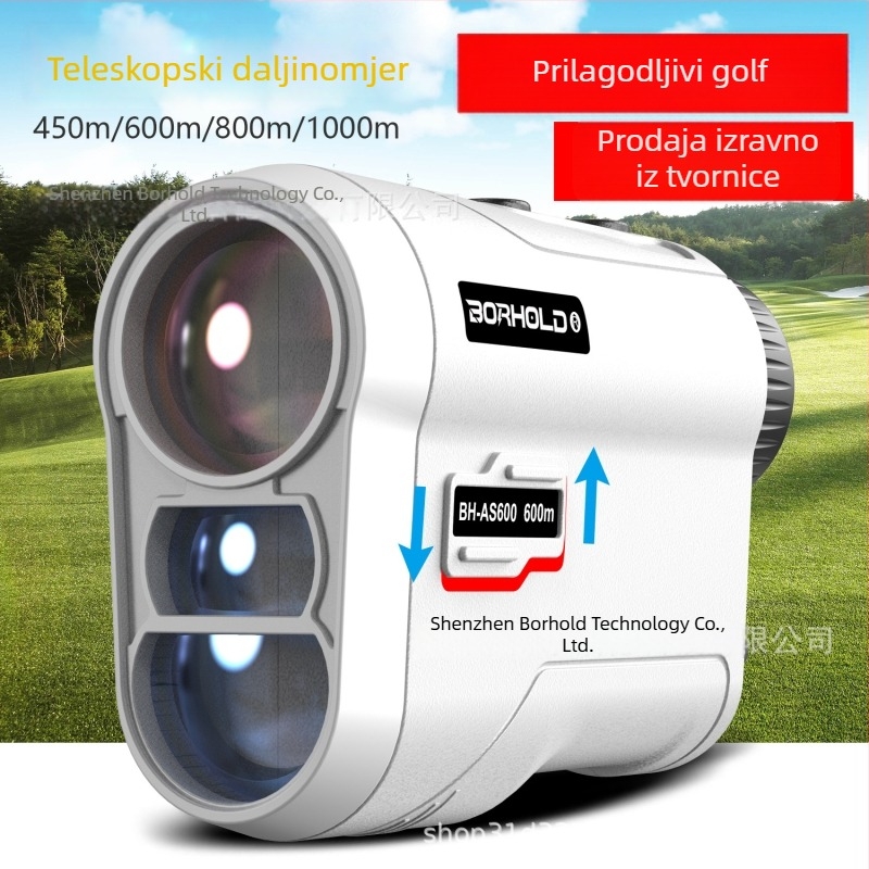 Laser udaljenostni mjerač, višenamjenski za golf i vanjsku upotrebu, s blokadom za zastavu, senzorom vibracija i prekidačem nagiba — Borhold BH-AS (Marka: Borhold; Serija: BH-AS; Tip: laserski mjerni uređaj; Primjena: golf/vanjski; Maksimalno skladištenje: