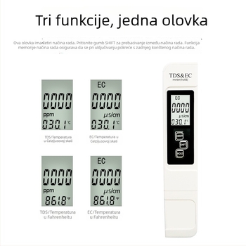 Višestruki mjerni alat za kvalitetu vode TDS-A1 | EC 0-9990 µS/cm, TDS 0-9990 ppm, Razlučivost: 1 µS/cm / 1 ppm, Točnost: ±2%, Napajanje: 3V CR2032