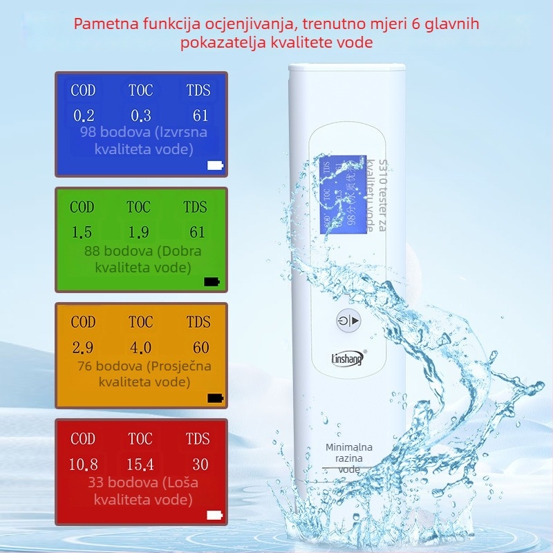 Linshang LS310 više-parametarski analizator kvalitete vode – rasponi COD/TOC i UV275, razlučivost COD/TOC 0,01 mg/L, UV275 0,001 AU/cm, napajanje 2x AA baterije