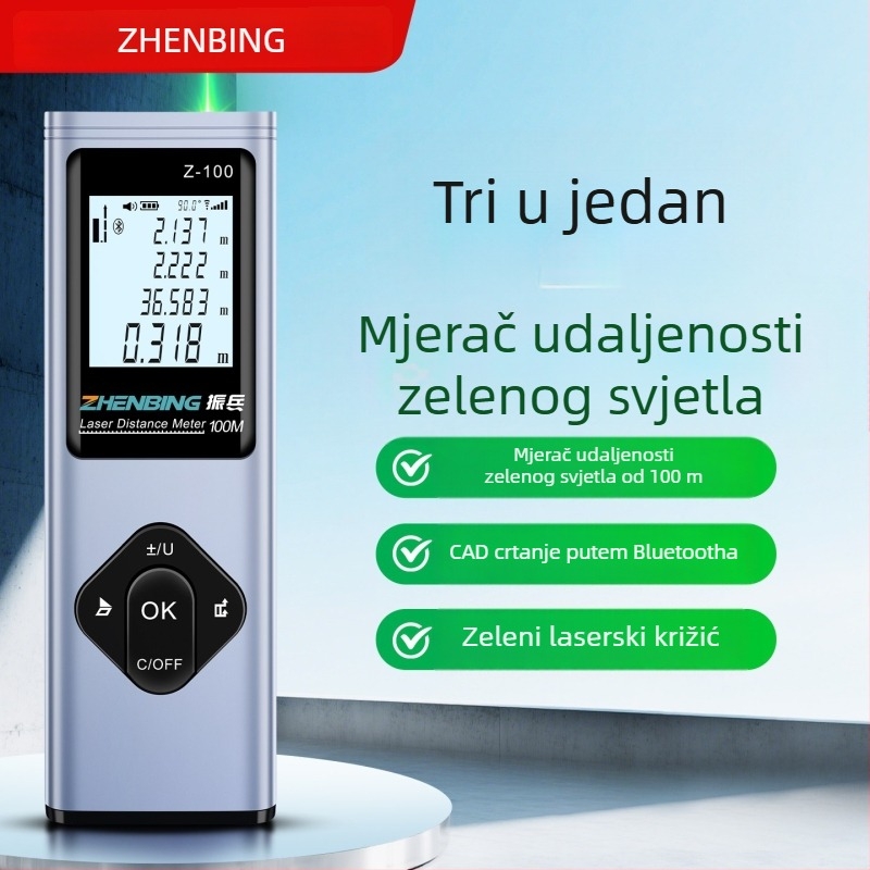 Visoko precizan laserski mjerač udaljenosti sa zelenim laserom, 3-u-1 digitalna linijka, unutarnje i vanjsko mjerenje, Bluetooth merni alat