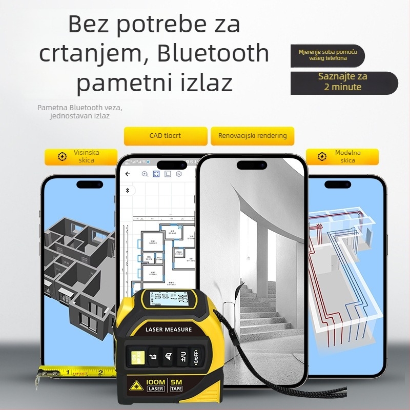 Zhenbing laserski mjerač udaljenosti s Bluetoothom – visoka preciznost, infracrvena mjerenja trake, križni laserski ravnalo, CAD crteži za mjerenje prostorija