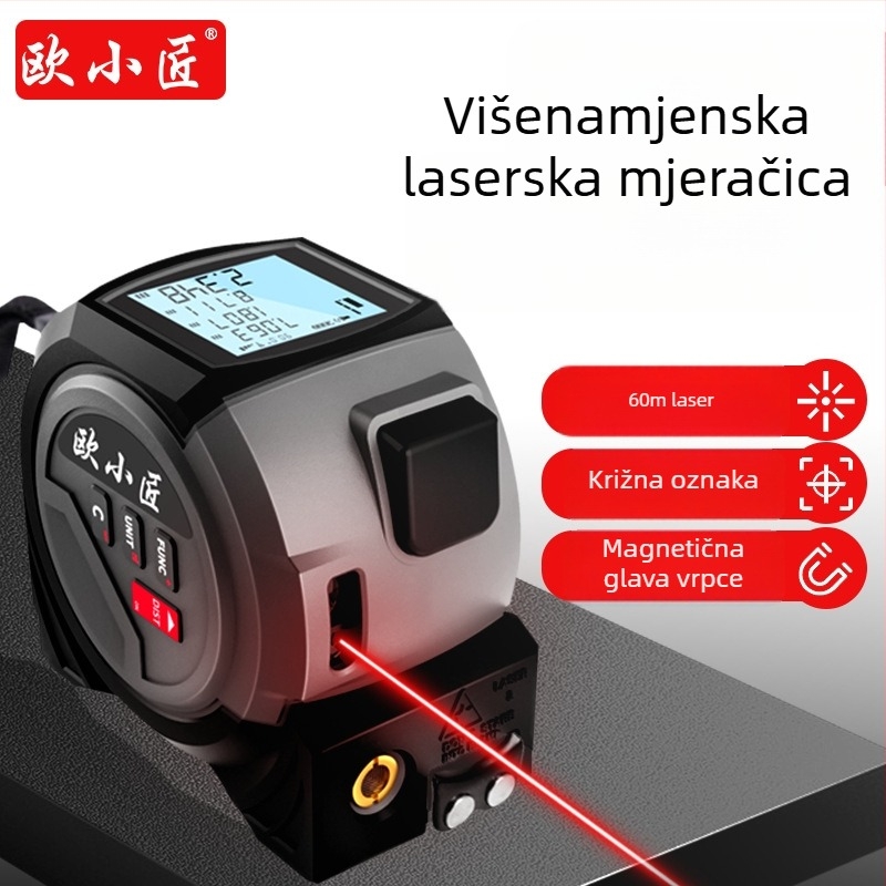 Laserski mjerač udaljenosti 3-u-1 s metalnom mjerom trakom – ručni, Ja-tape measure serija, laserski domet