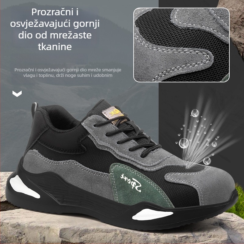 Muške sigurnosne cipele za posao, prozračne, lagane, niski gornji dio, nubuk + čelična mreža, čelični prst, otporne na udarce i probijanje