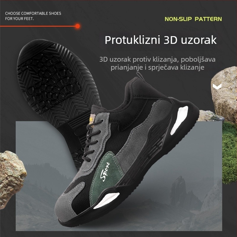 Muške sigurnosne cipele za posao, prozračne, lagane, niski gornji dio, nubuk + čelična mreža, čelični prst, otporne na udarce i probijanje