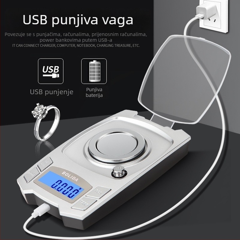 Punjaiva visoko precizna digitalna vaga s rezolucijom 0.001 g, karat vaga, prijenosna kompaktna vaga za kućnu upotrebu
