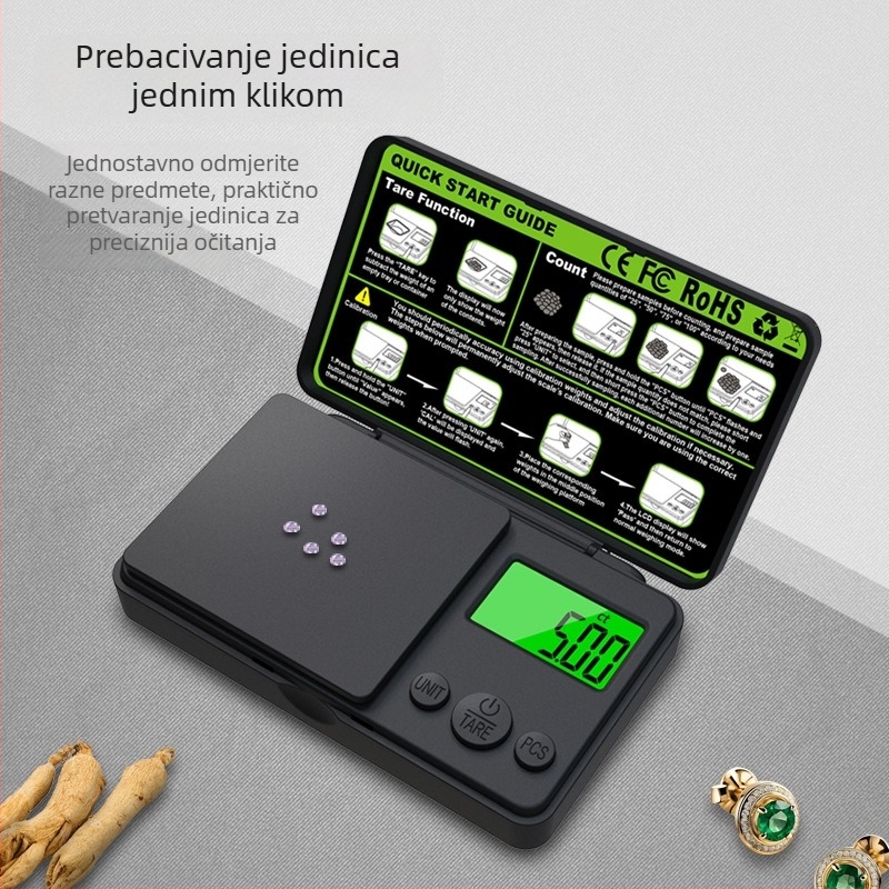 Zelena podsvijetljena karat elektronička vaga, džepna vaga do 1000 g, vaga za nakit 0,01 g, ručna vaga
