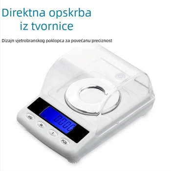 Laboratorijska precizna elektronička vaga s rezolucijom 0,001 g, raspon mjerenja 0,005–50 g, kompaktna vaga za nakit i dragocjene materijale, model DGGY-50, dimenzije 10,5×8,4×5,5 cm, napajanje baterijama i kabelom.