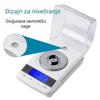 Laboratorijska precizna elektronička vaga s rezolucijom 0,001 g, raspon mjerenja 0,005–50 g, kompaktna vaga za nakit i dragocjene materijale, model DGGY-50, dimenzije 10,5×8,4×5,5 cm, napajanje baterijama i kabelom.