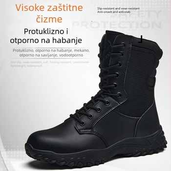 Potpuno crne visoke radne čizme za vanjsku upotrebu s čeličnom zaštitom prstiju, vodootporne, protuklizne, mekane i udobne, otporne na udarce i probijanje