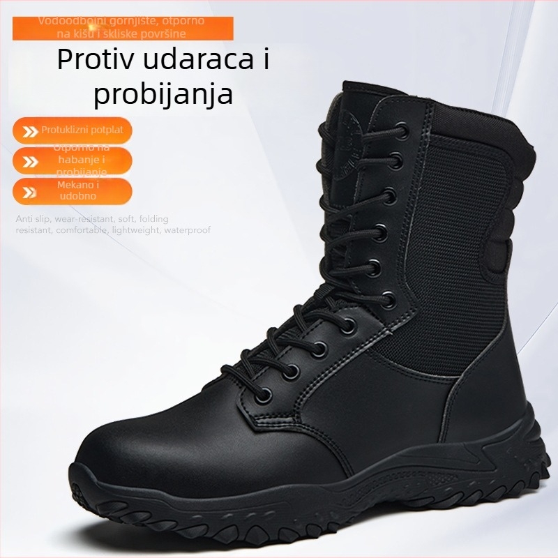 Potpuno crne visoke radne čizme za vanjsku upotrebu s čeličnom zaštitom prstiju, vodootporne, protuklizne, mekane i udobne, otporne na udarce i probijanje