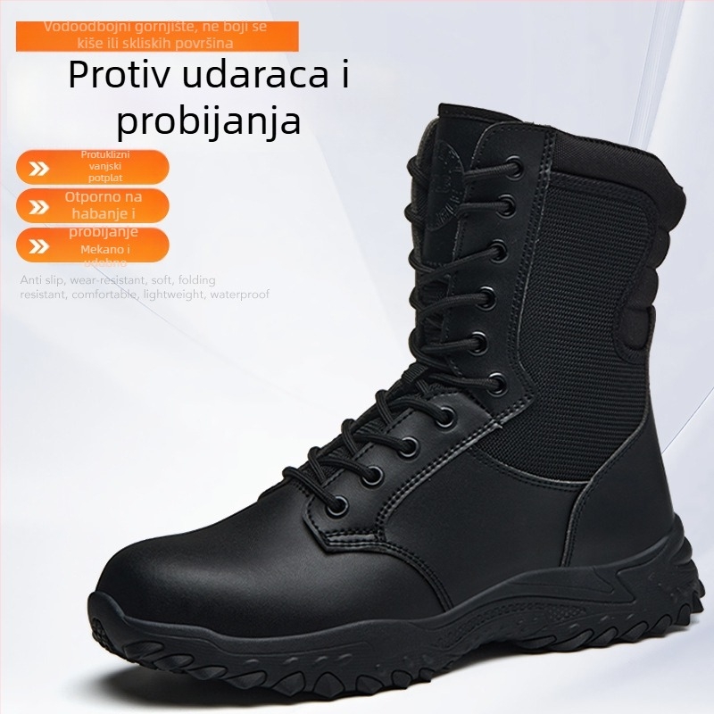 Potpuno crne visoke radne čizme za vanjsku upotrebu s čeličnom zaštitom prstiju, vodootporne, protuklizne, mekane i udobne, otporne na udarce i probijanje