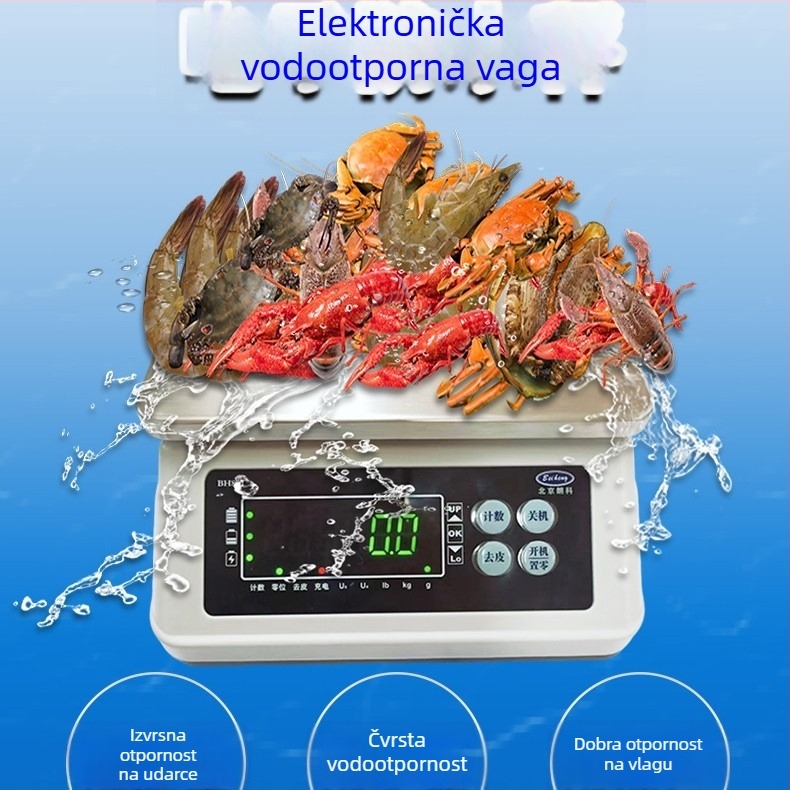 Beiheng Bh801s vodootporna elektronička kuhinjska vaga za svježu robu, 0–30 kg, rezolucija 0.1–5 g, punjiva i mrežno napajanje, dimenzije 185×240×275 mm