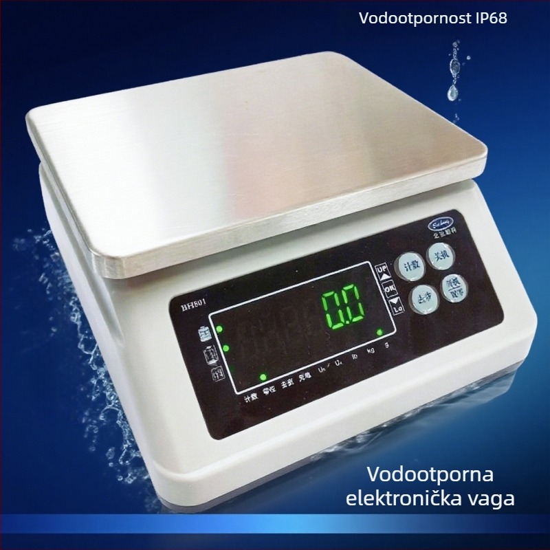 Beiheng Bh801s vodootporna elektronička kuhinjska vaga za svježu robu, 0–30 kg, rezolucija 0.1–5 g, punjiva i mrežno napajanje, dimenzije 185×240×275 mm