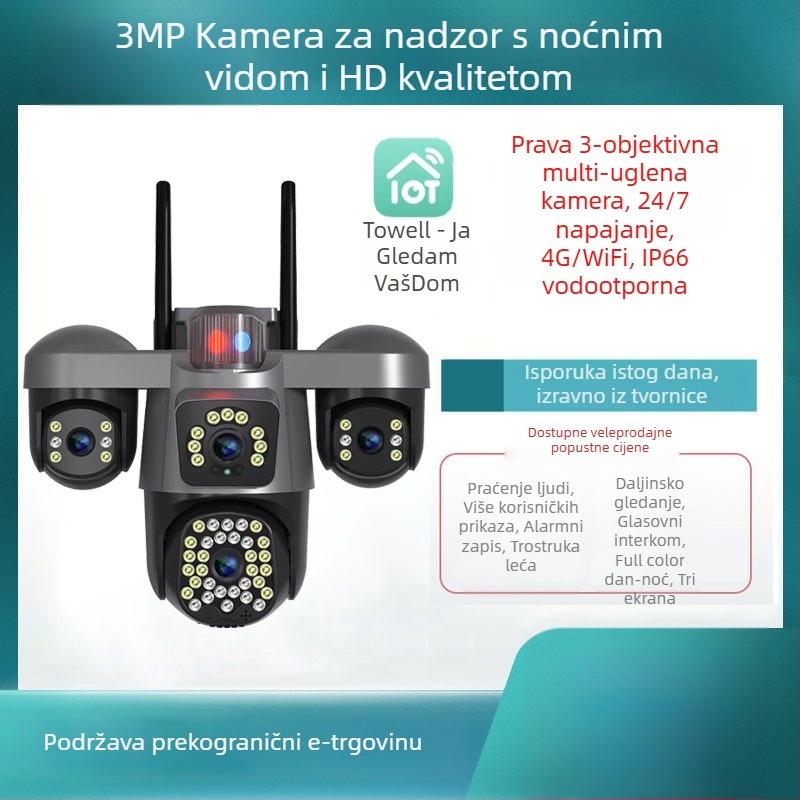 WiFi/4G vanjska dome kamera s noćnim vidom 0.00001 lx, SNR > 44 dB, -20 do 55 °C, 12V DC