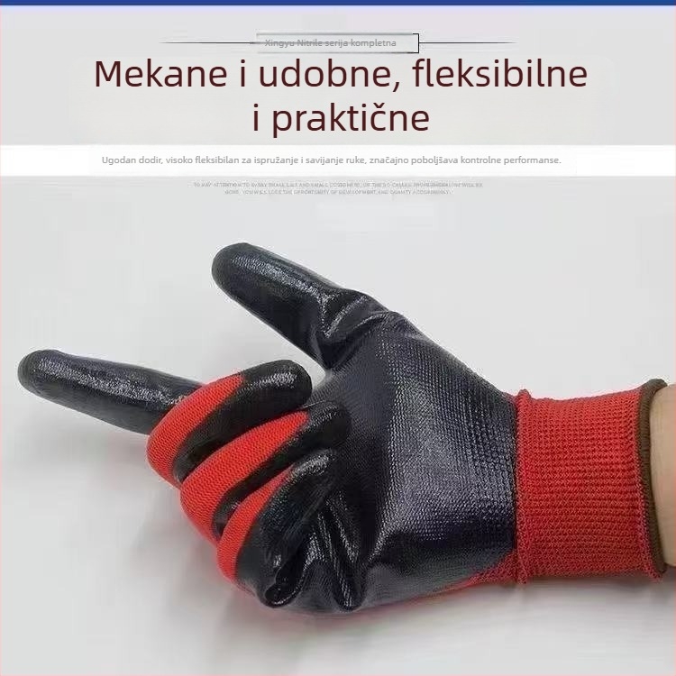 12 pari zaštitnih rukavica Xingyu N539 crveno–crne, protuklizne, otporne na habanje, nitrilno premazane