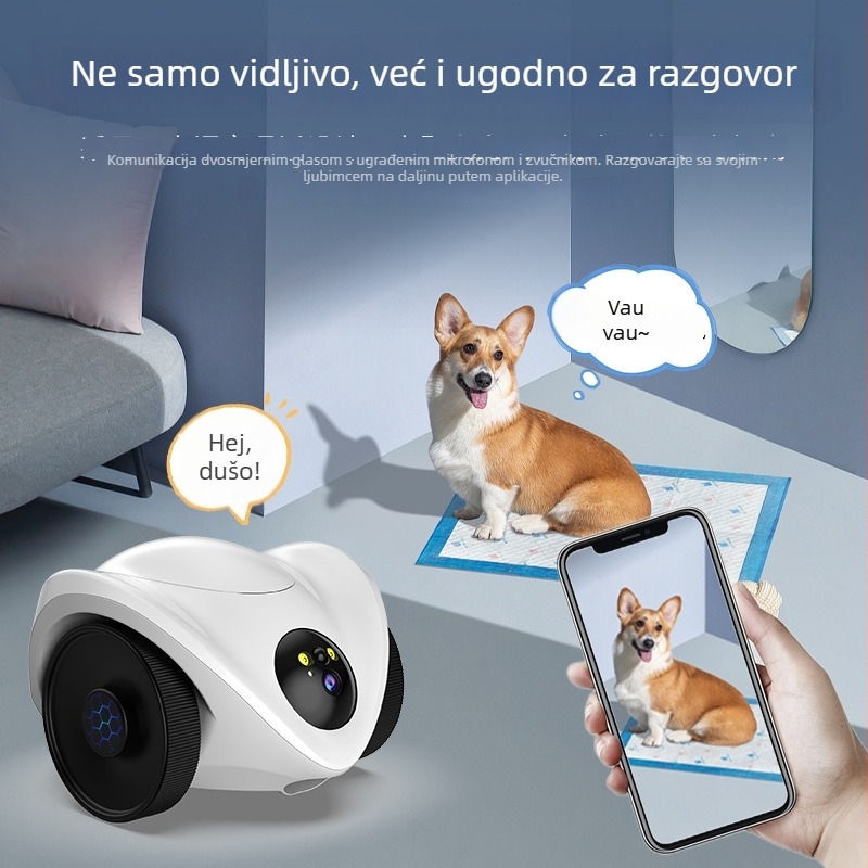 Robot za praćenje i hranjenje kućnih ljubimaca s noćnim vidom i dvozupčnim razgovorom, za unutarnju upotrebu; ABS; težina 1000 g; radna temperatura -5℃ do 60℃; kompenzacija pozadinskog osvjetljenja