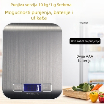 Kućna prijenosna elektronička kuhinjska vaga od nehrđajućeg čelika, kapacitet 5 g–10 kg