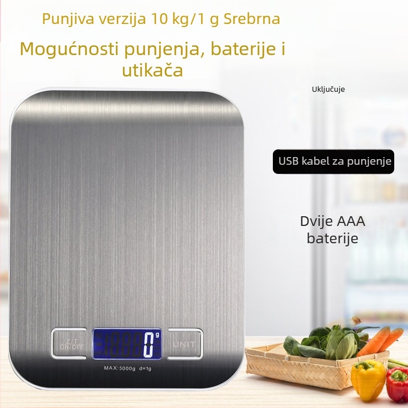 Kućna prijenosna elektronička kuhinjska vaga od nehrđajućeg čelika, kapacitet 5 g–10 kg