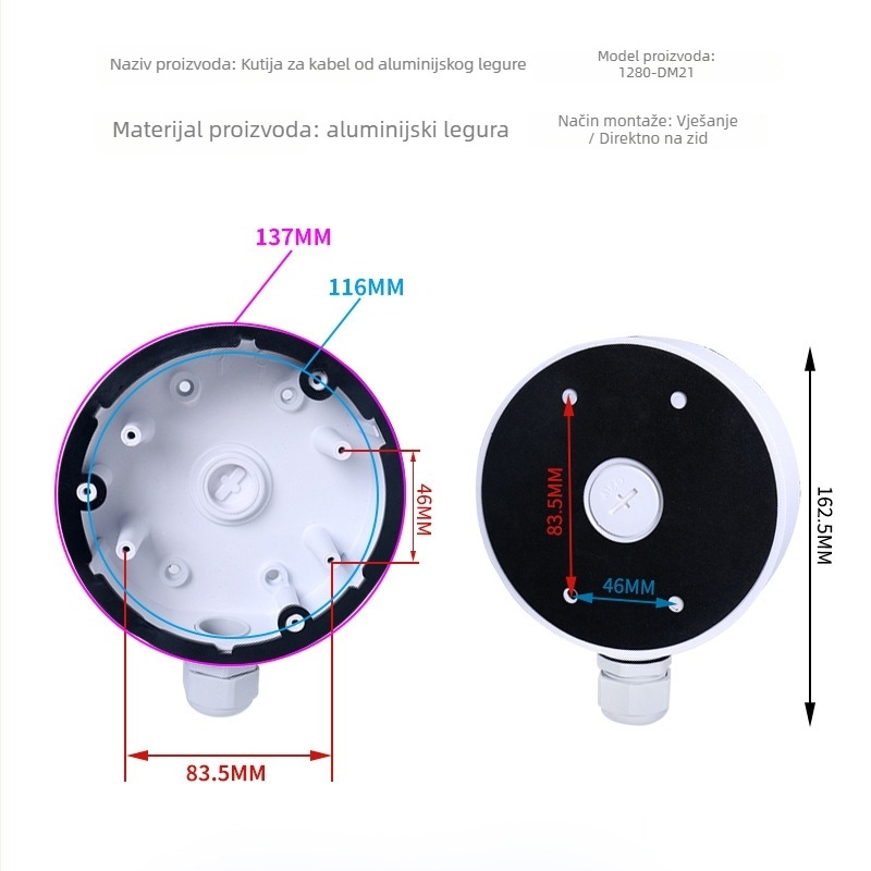 Zidni nosač kamere od aluminijske legure sa skrivenom kutijom kablova, 360° rotacija, model 1280-DM21