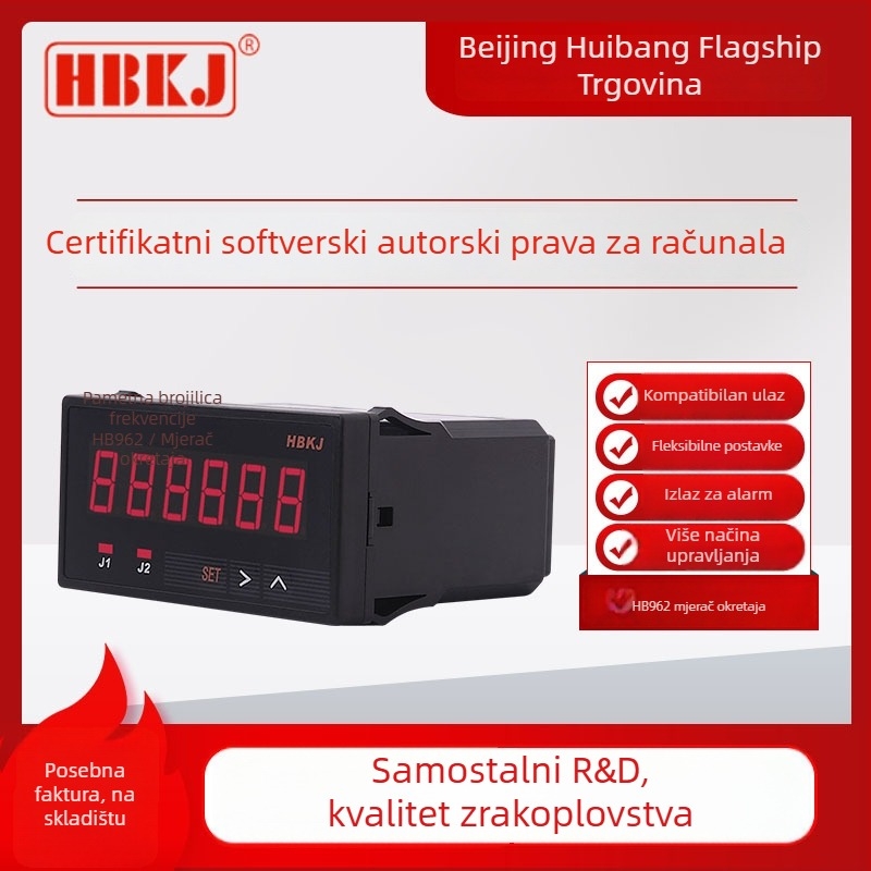 HBKJ HB722/HB962 – Dvostruki postavka, 6-znamenkasti zaslon, mjerač frekvencije, tahometar i brzina linije – Raspon frekvencije 0–50 kHz, Napajanje 85–260 VAC/DC, Rele 220V/3A