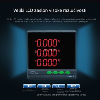 Trofazni LCD mjerač snage: struja, napon, frekvencija, energija i faktor snage, RS-485