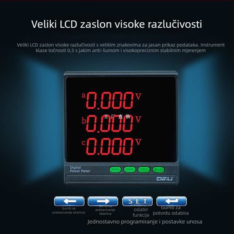 Trofazni LCD mjerač snage: struja, napon, frekvencija, energija i faktor snage, RS-485