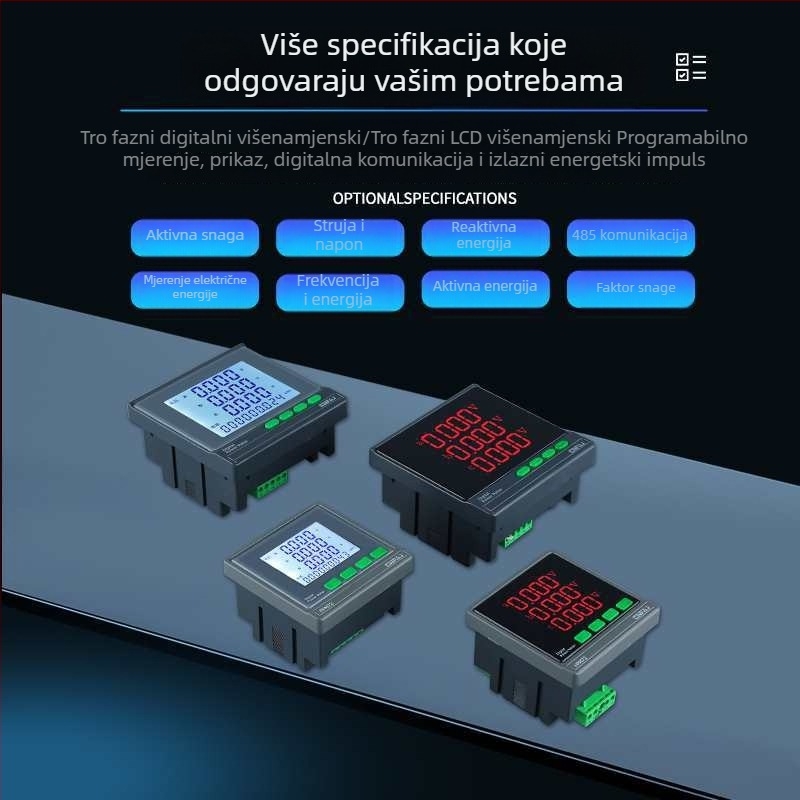 Trofazni LCD mjerač snage: struja, napon, frekvencija, energija i faktor snage, RS-485