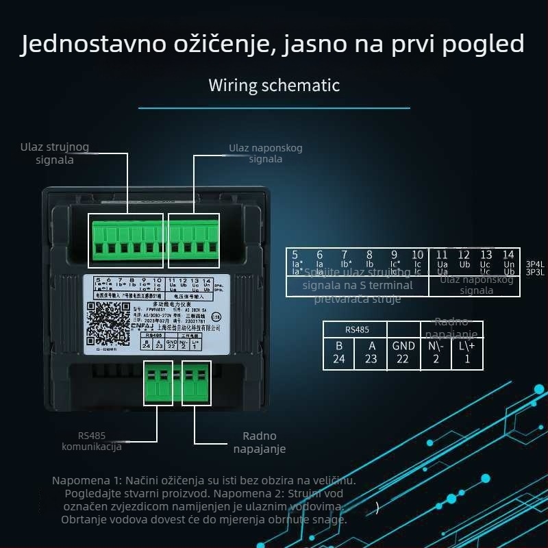 Trofazni LCD mjerač snage: struja, napon, frekvencija, energija i faktor snage, RS-485
