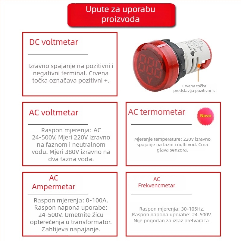 Visoko precizan AC/DC mjerni uređaj napona, struje i frekvencije, s LED indikacijom, dvostruki digitalni prikaz, kompaktan, 24–380 V