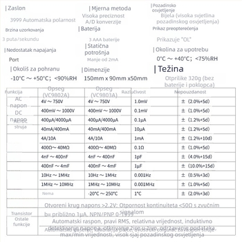 VC9802A Prijenosni Digitalni Multimetar — DC napon 400 mV–1000 V; AC napon 4–750 V; DC struja mjerne rasponi 400 mA/4000 mA, 40 mA/400 mA, 4 A/10 A; kapacitet 4 nF–4 mF