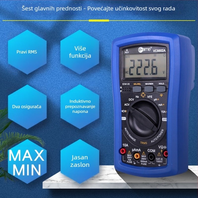 VC9802A Prijenosni Digitalni Multimetar — DC napon 400 mV–1000 V; AC napon 4–750 V; DC struja mjerne rasponi 400 mA/4000 mA, 40 mA/400 mA, 4 A/10 A; kapacitet 4 nF–4 mF